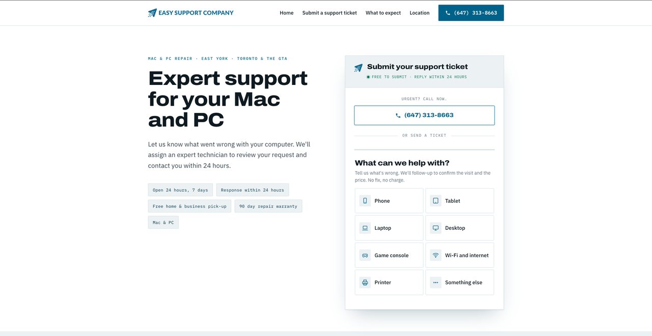Website we built — computer repair support ticket