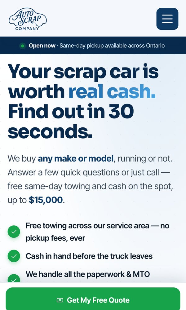 Mobile website we built — scrap car removal