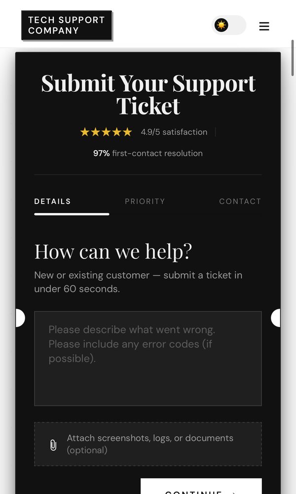 Mobile website we built — support ticket form